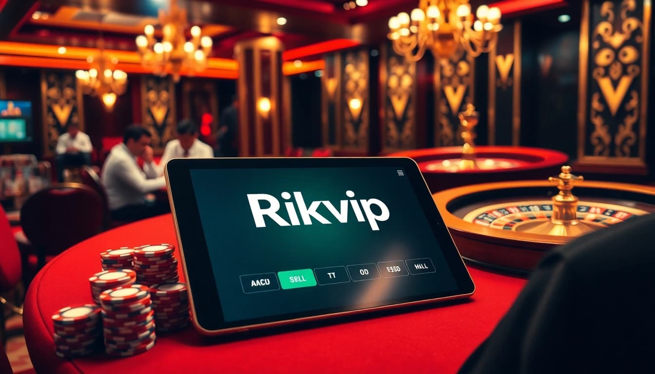 Experience excitement at Rikvip with vibrant poker chips and engaging players in a luxurious casino setting.