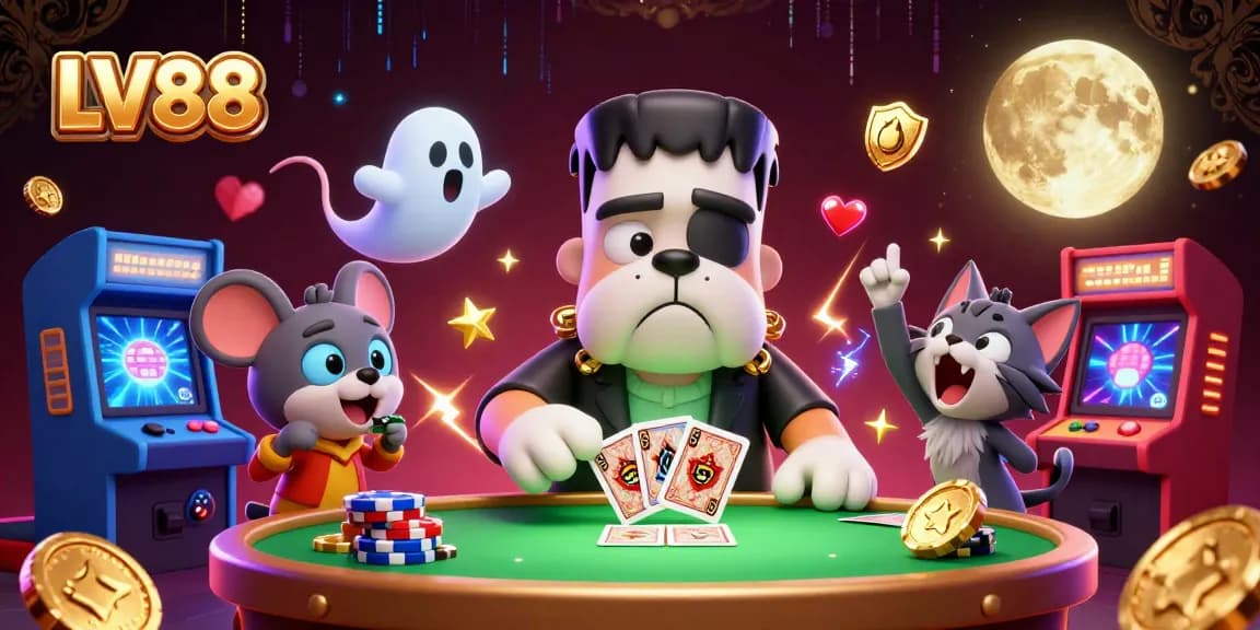 Engage in thrilling LV88 gameplay with a Frankenstein bulldog dealer and a ghost mouse in a vibrant casino scene.
