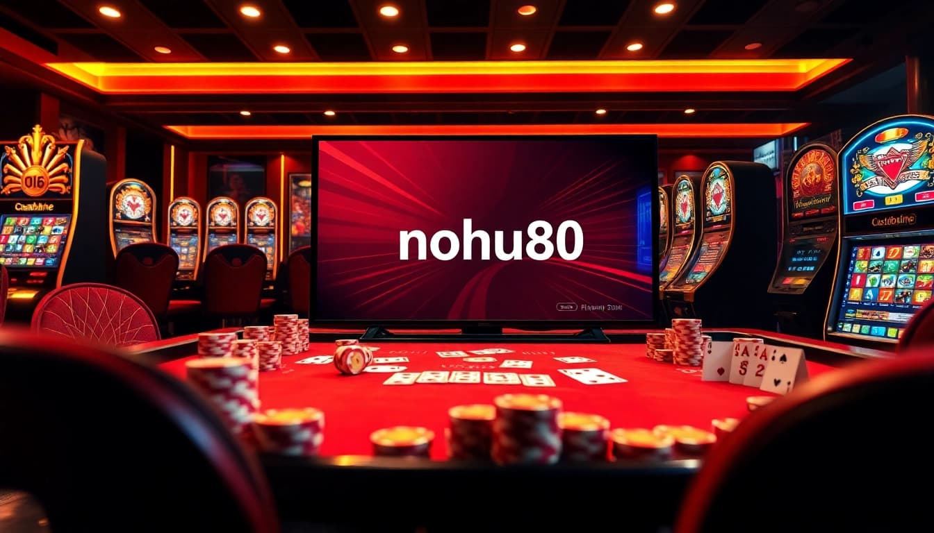Nohu90 offers a thrilling online gambling experience with vibrant casino visuals featuring poker chips and slot machines.