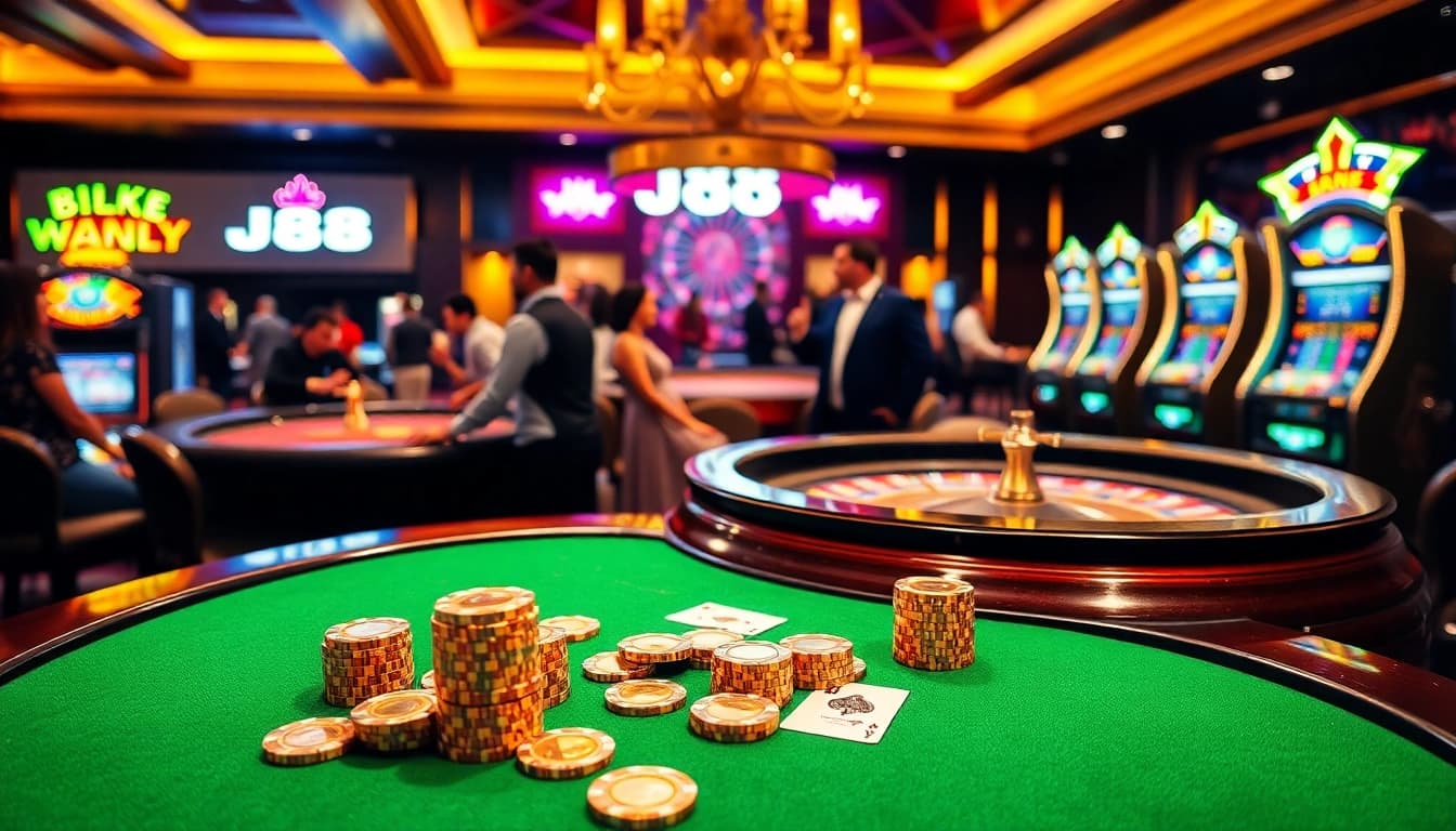 Exciting casino atmosphere featuring J88 poker table, golden chips, and roulette wheel action.