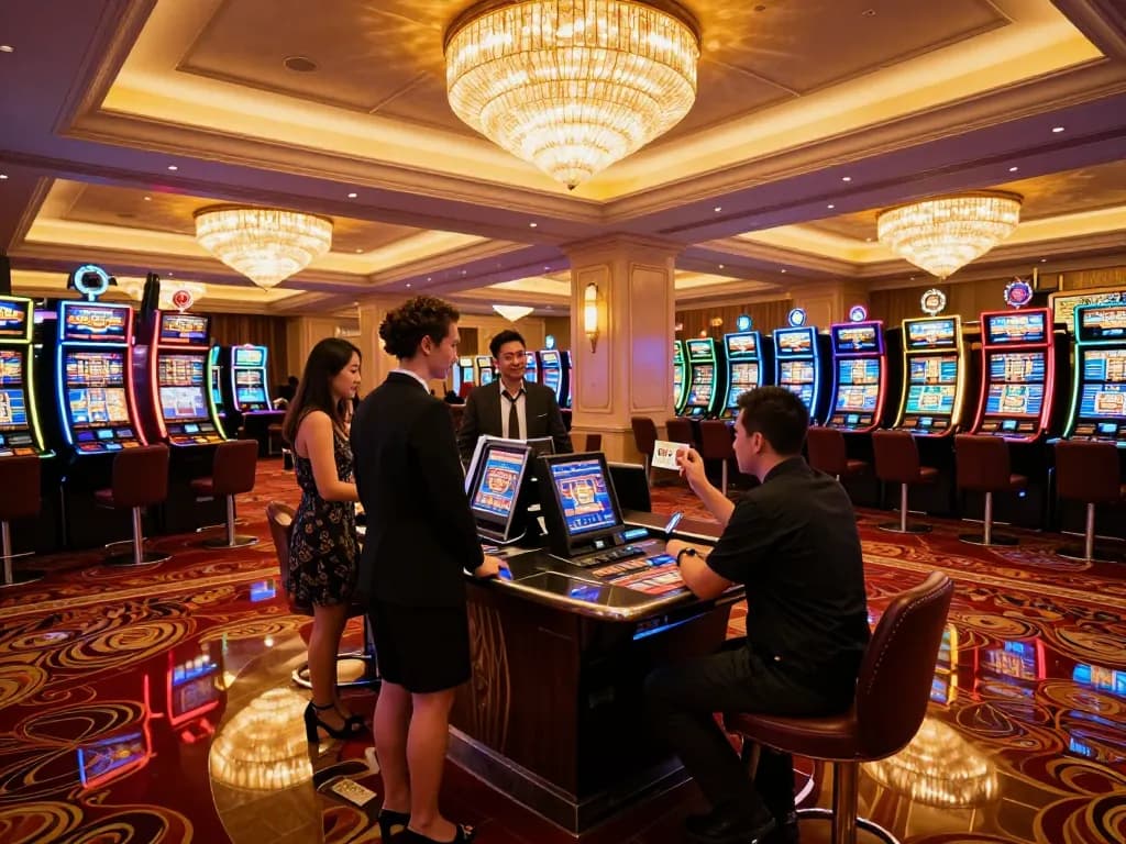 Guests celebrating wins at 79king casino lobby, vibrant slot machines and upscale decor.