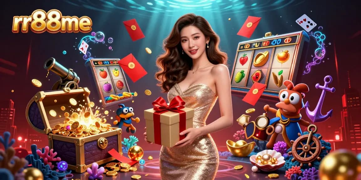 Experience the excitement of rr88me with a stunning Asian woman in a sparkling dress amidst casino treasures.