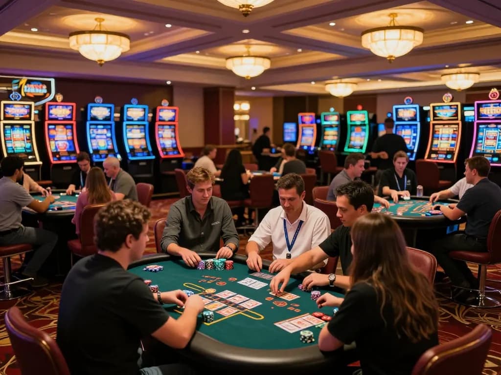 Players engaged in blackjack game at QQ88 casino, showcasing interactive gameplay and vibrant atmosphere.