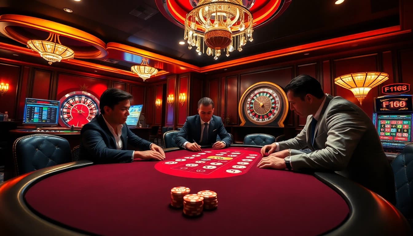 Players enjoy high-stakes poker at F168's luxurious casino, showcasing elegance and excitement.