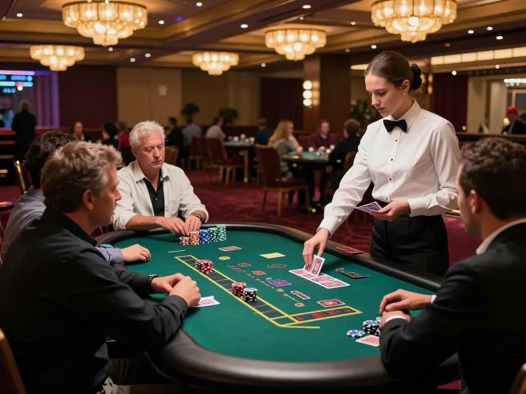 Players enjoying blackjack at an upscale casino, featuring https://rr88k1.com/ with vibrant atmosphere and elegant decor.