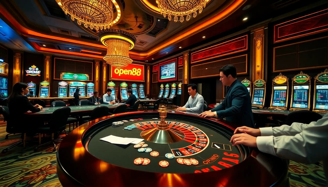 Gambling enthusiasts enjoying an exciting session at open88 casino with luxurious decor and vibrant games.