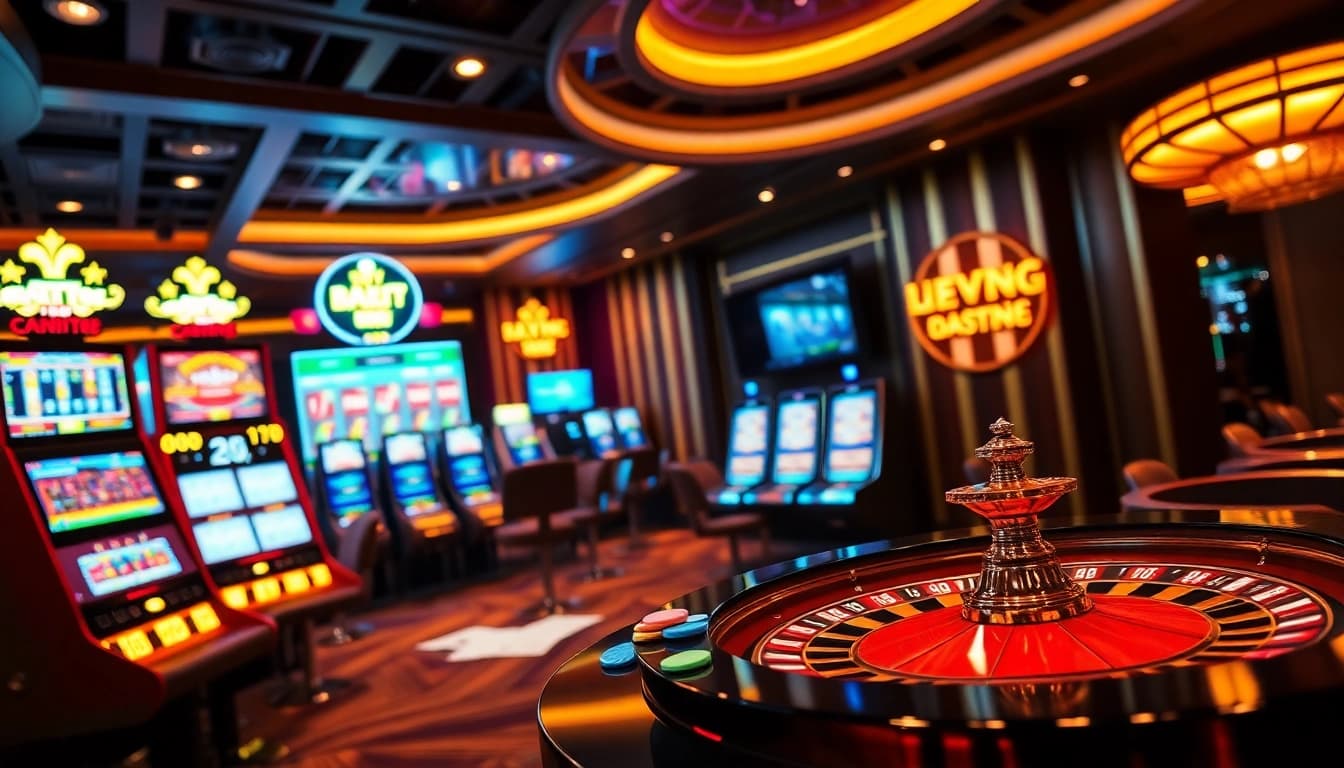 Engaging online gaming interface at https://go8.chat/ showcasing vibrant slot machines and roulette wheels.