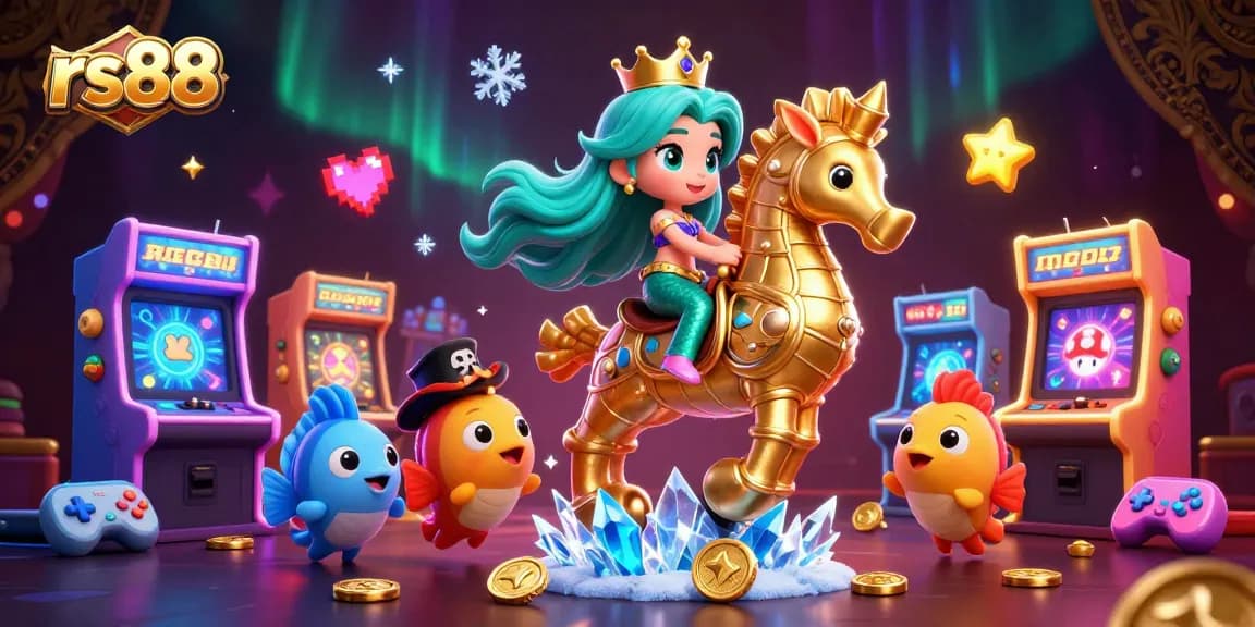 Bet on excitement with rs88 as a mermaid princess rides a seahorse surrounded by vibrant gaming elements.