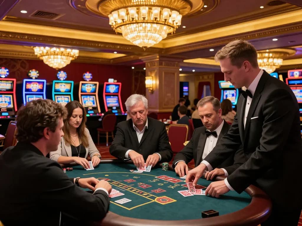 va88 players engaging in an exciting blackjack game amid a vibrant casino atmosphere