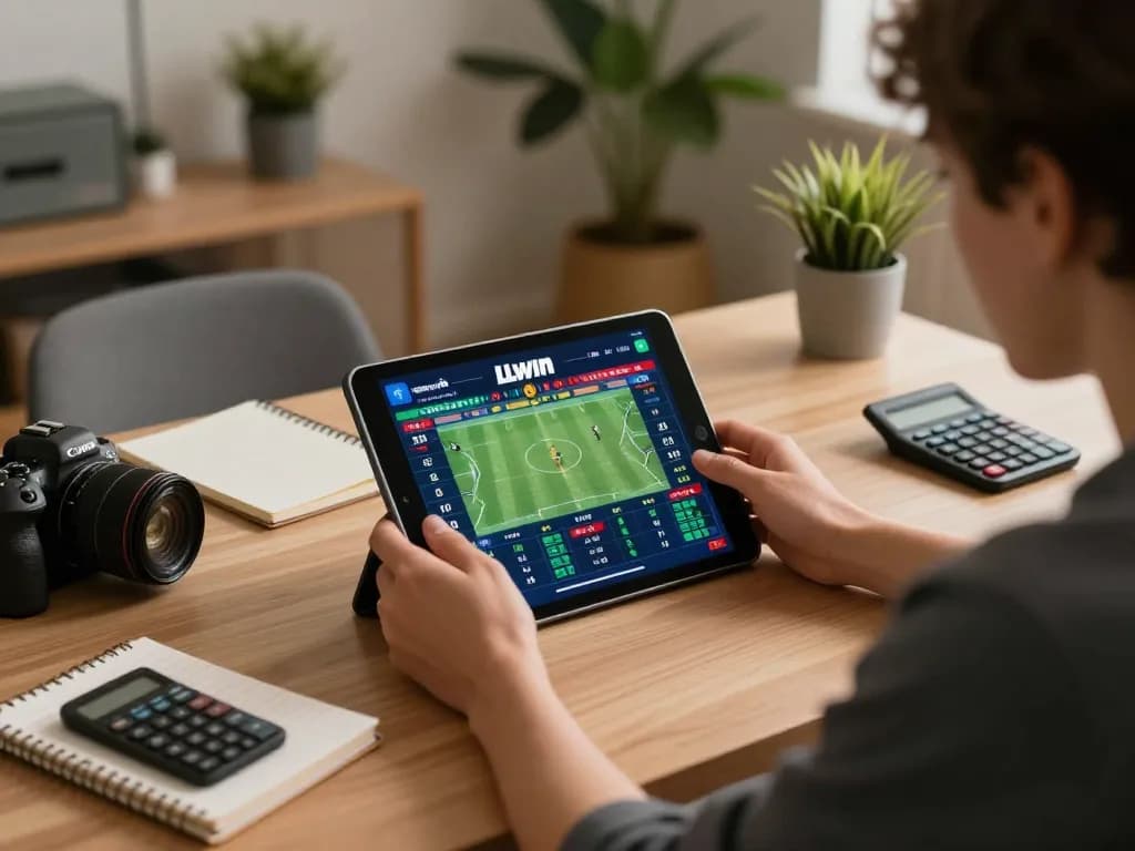Place bets on LLWIN using a tablet in a lively home office setup.