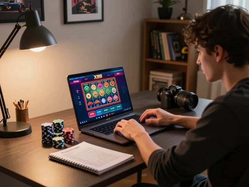 Player engaging with X88 online casino game interface on laptop, showcasing strategic gameplay and vibrant graphics.