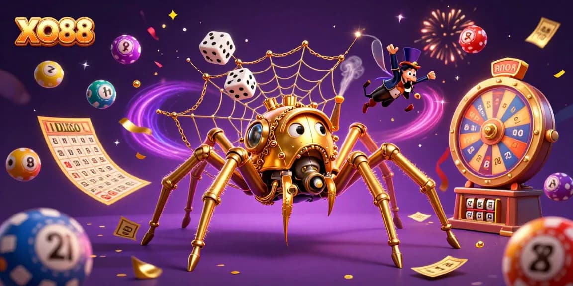 Experience thrilling excitement at XO88 with a steampunk spider catching lucky dice in a vibrant casino scene.