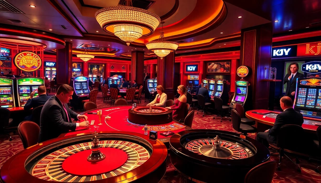 KJC players enjoying an exciting poker game in a luxurious casino setting.