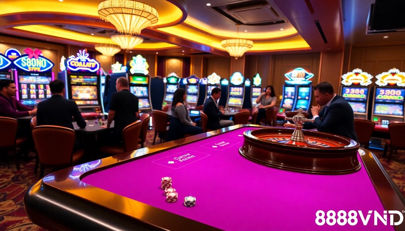 Experience the thrill of gambling at nhà cái 888VND with vibrant casino tables and engaging players.