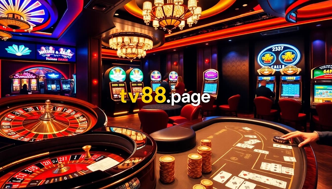 Experience high-stakes gambling at tv88.page with poker tables and vibrant slot machines.