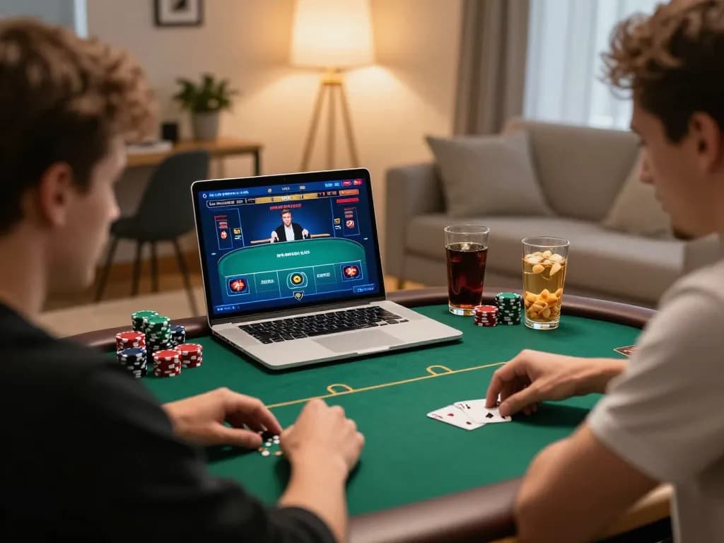 Player enjoying poker at LV88 online casino from a cozy home setup, showcasing engagement and strategy.