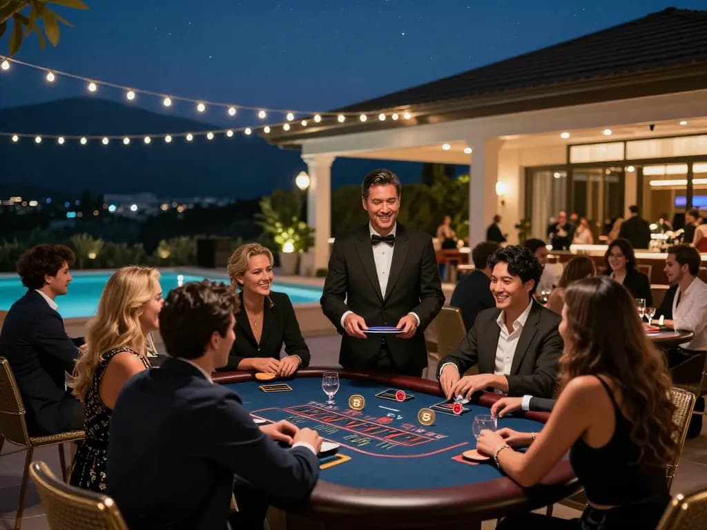 Zowin players engaging in vibrant blackjack action on a luxurious casino terrace.