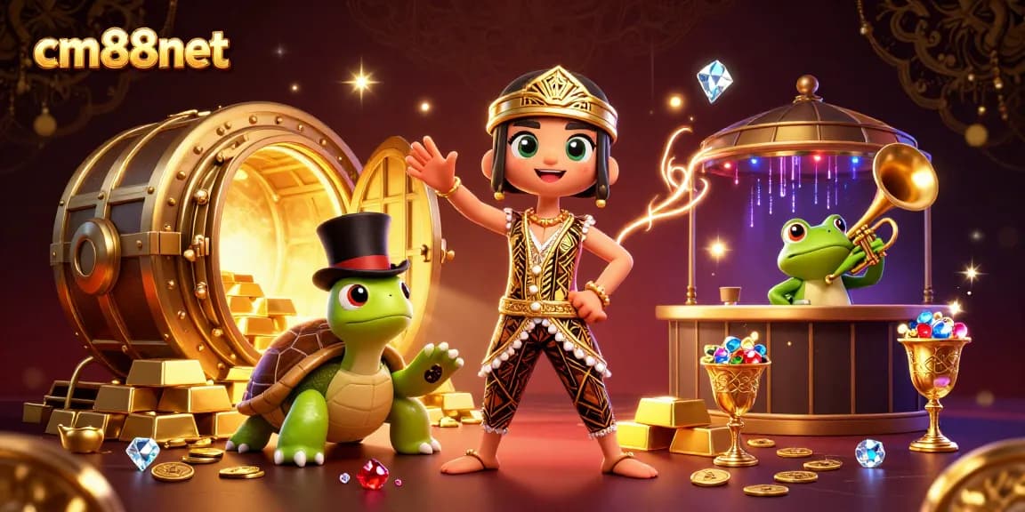 Place your bets at cm88net with exciting gaming characters and riches galore in a vibrant casino scene.
