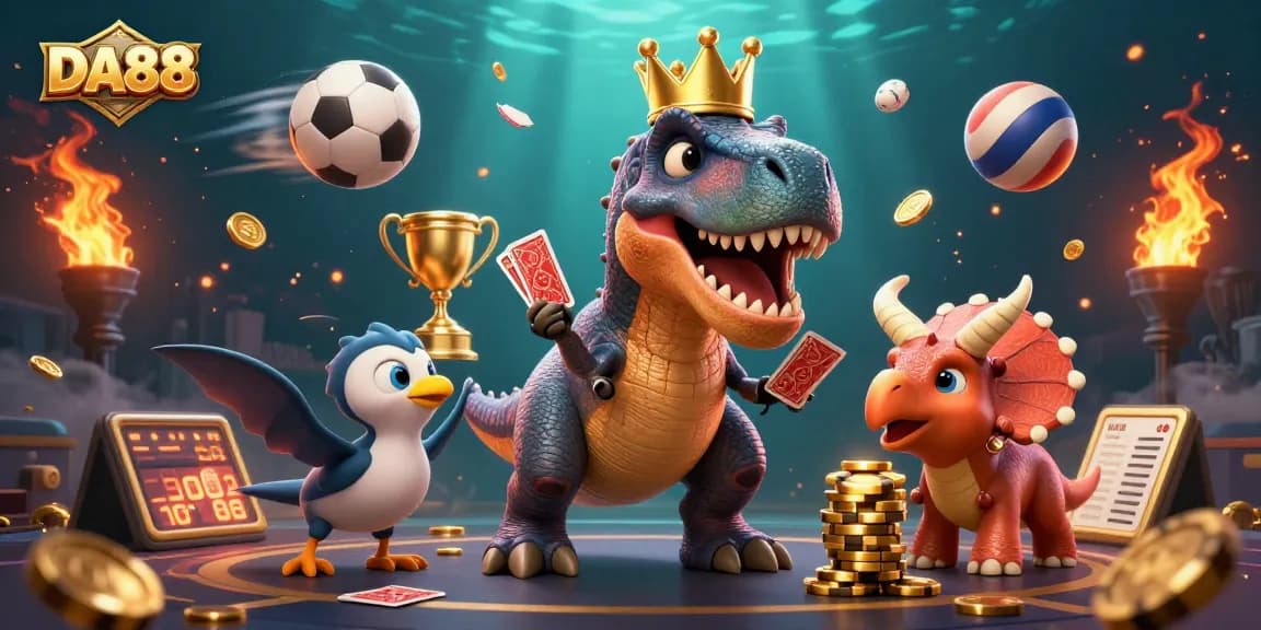 Engage in thrilling sports betting action with DA88's vibrant illustration of fun characters and dynamic elements.