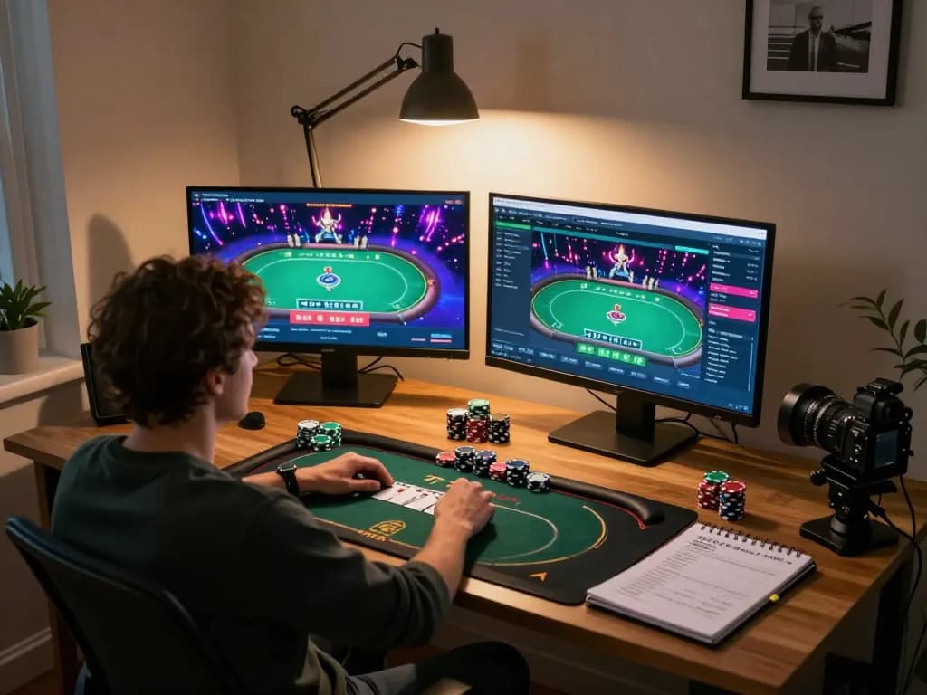 Engaging in online gaming strategies at https://dabet39.net/ with dual screens showing poker and sports betting
