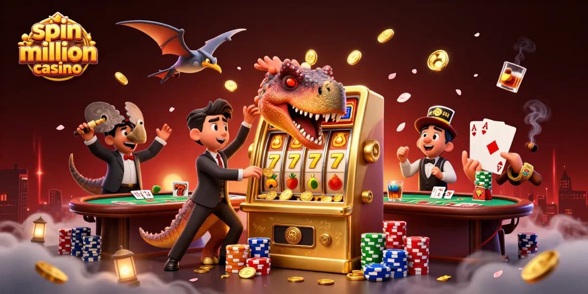 Spin million casino illustrates a vibrant scene of dinosaurs and casino elements, showcasing jackpots and wins.