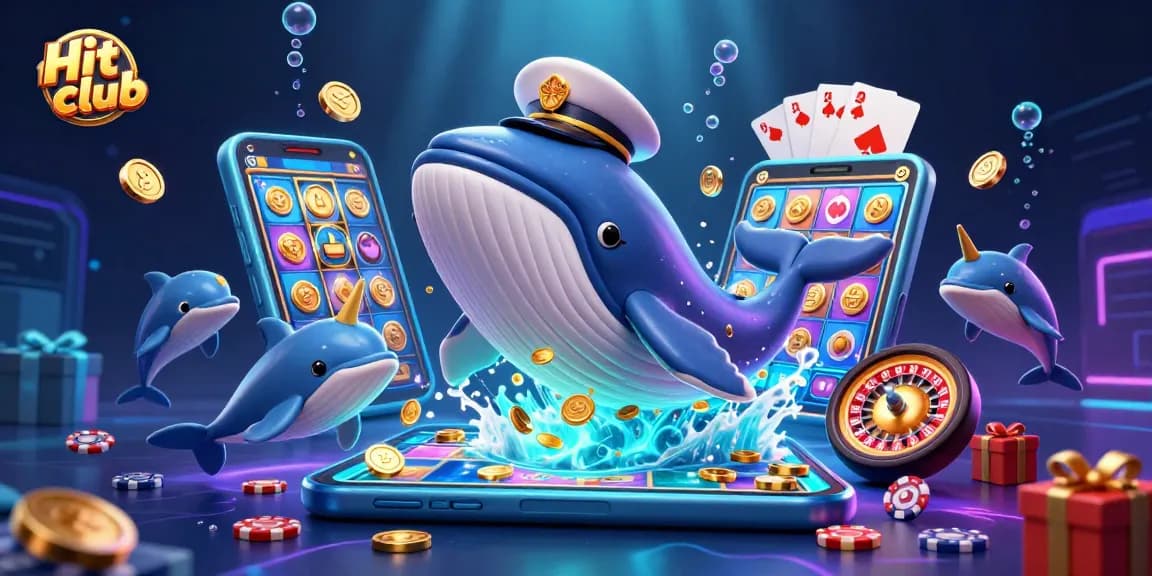 Engage in the vibrant online gaming world of Hit club with a 3D scene featuring a whimsical whale amidst casino symbols.