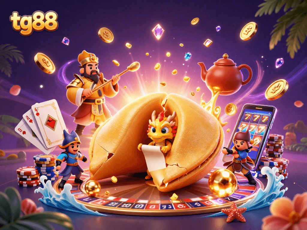 Experience thrilling gaming at tg88 with a lavish casino scene featuring a golden fortune cookie.