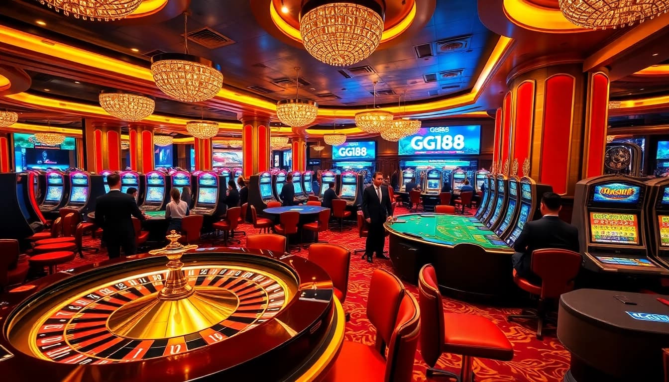 Experience the thrill of GG88 with a vibrant casino scene showcasing roulette, poker tables, and slot machines.