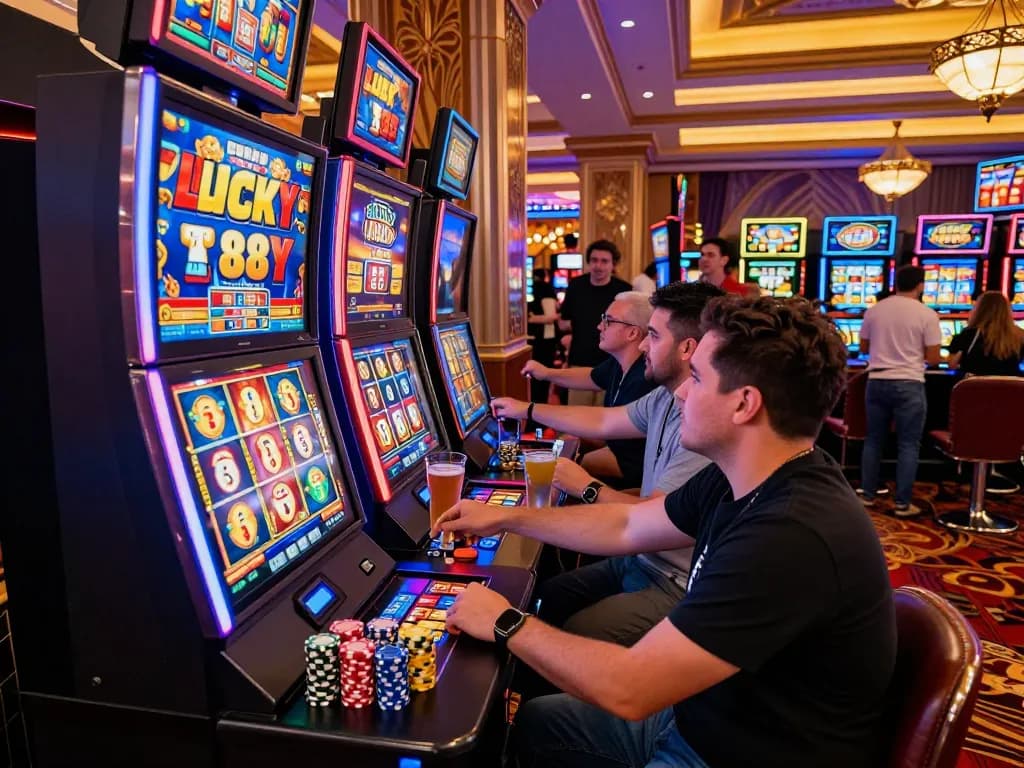 Exciting Lucky 88 slot machine in a vibrant casino, players enjoying the game.