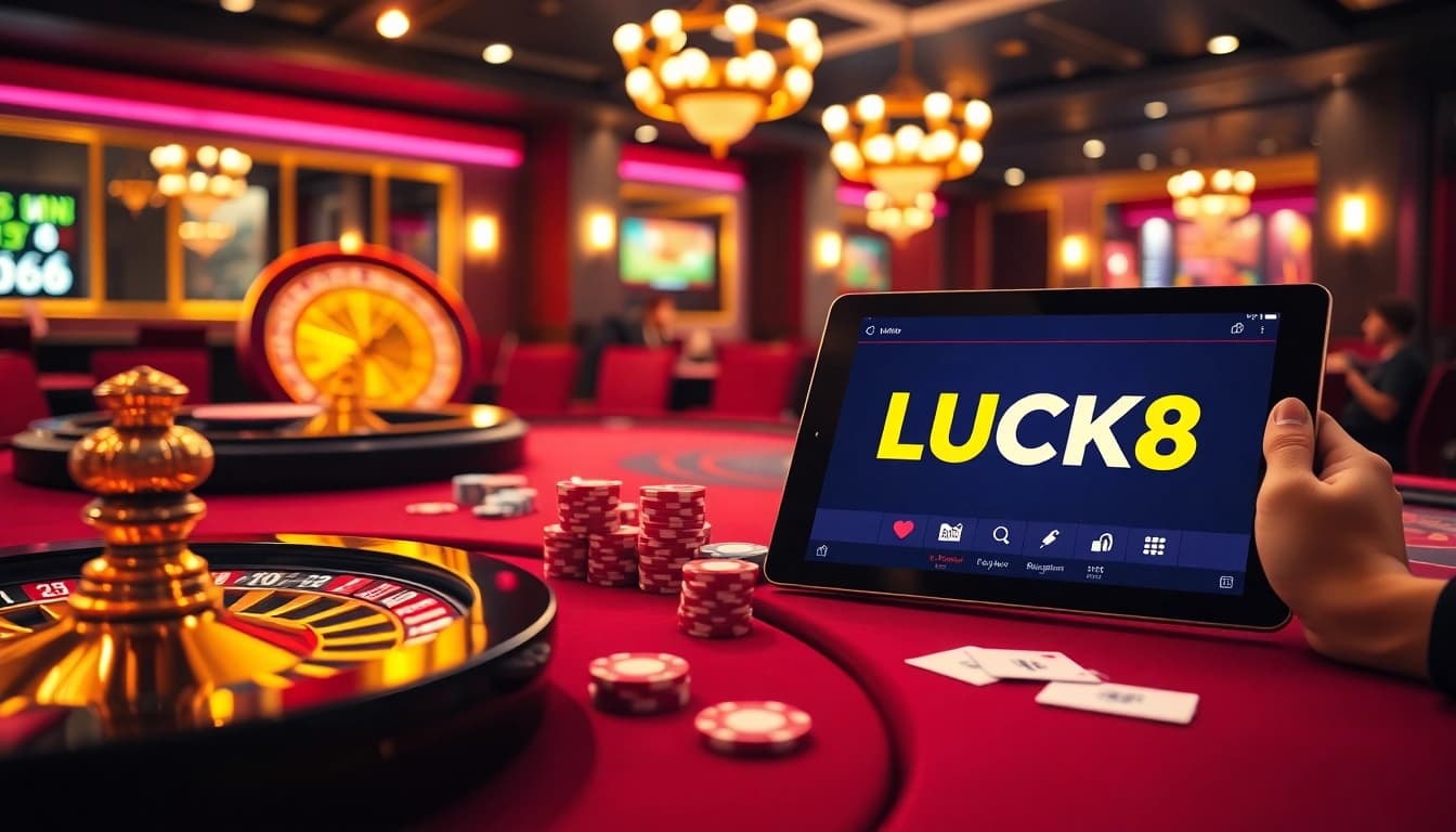 Players engaged with the exciting atmosphere of LUCK8 casino, featuring a roulette wheel and vibrant poker tables.