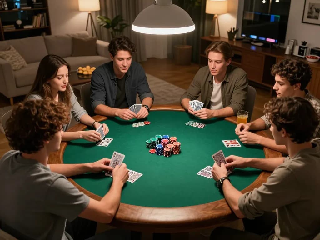 Poker night with friends at home, showcasing a va88 gaming experience with cards and chips