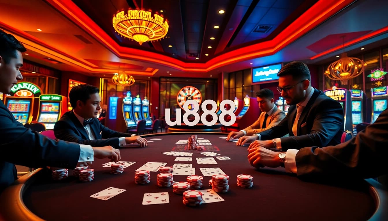 Players strategizing at a vibrant u888 poker table amidst excitement in a luxurious casino.