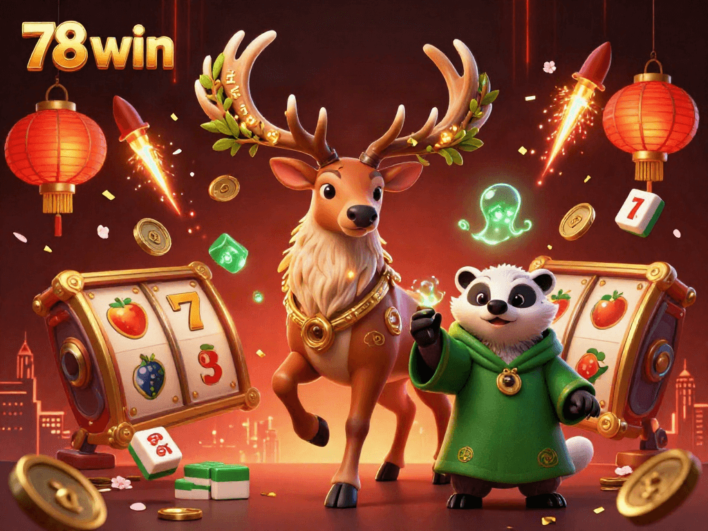 Win big with 78 win in this vibrant casino scene featuring animated characters and gaming elements.