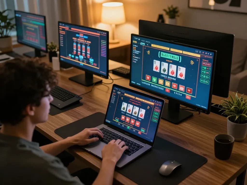 Engaged player at SC88 online casino using laptop for live dealer games, showcasing strategic gameplay.