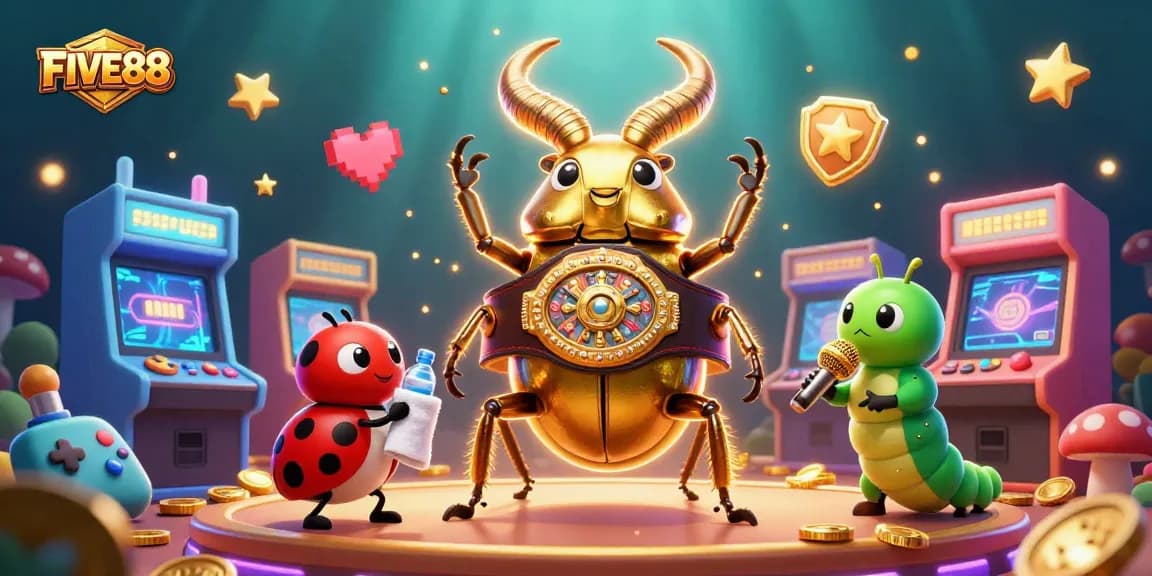 Experience excitement with FIVE88's vibrant casino scene featuring a champion beetle and colorful game elements.