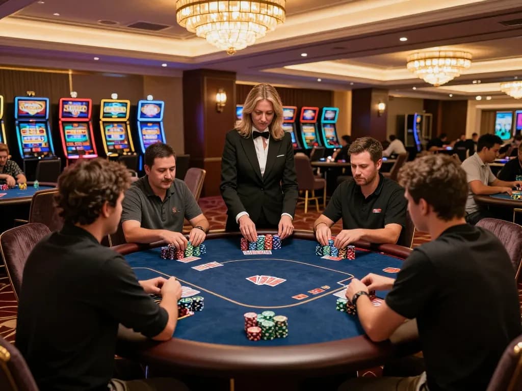Players strategizing at WW88 poker table in a vibrant casino environment, showcasing excitement and engagement.
