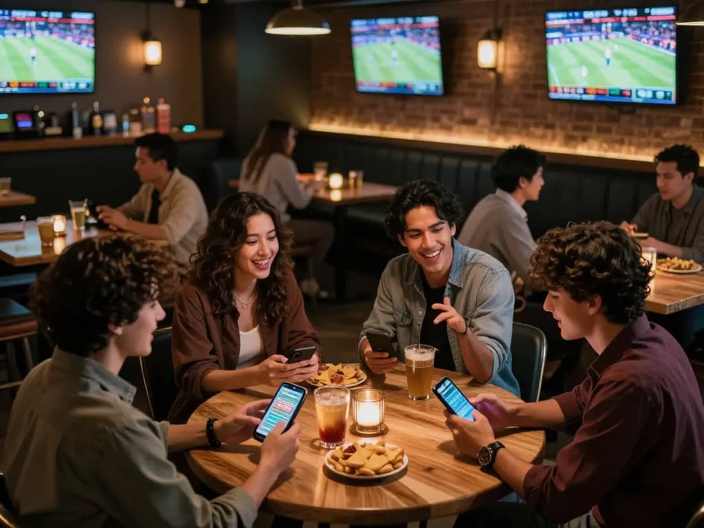Engaged group placing live bets at hoiquantv247 sports bar with screens showing games