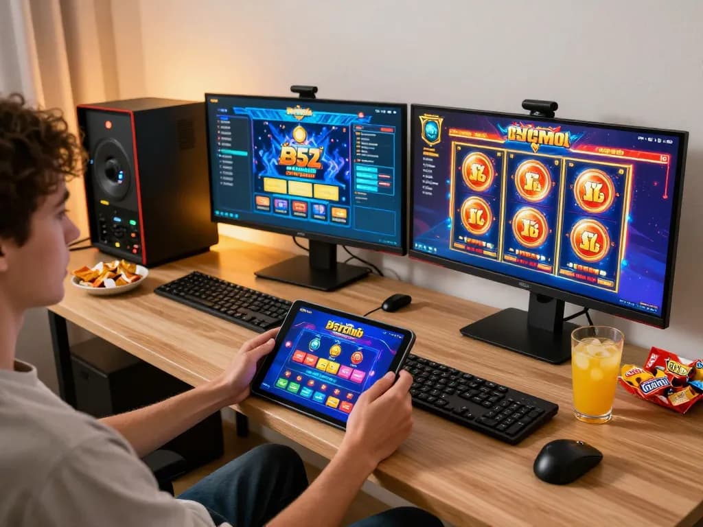 b52club player enjoying online slots on tablet in modern home setup