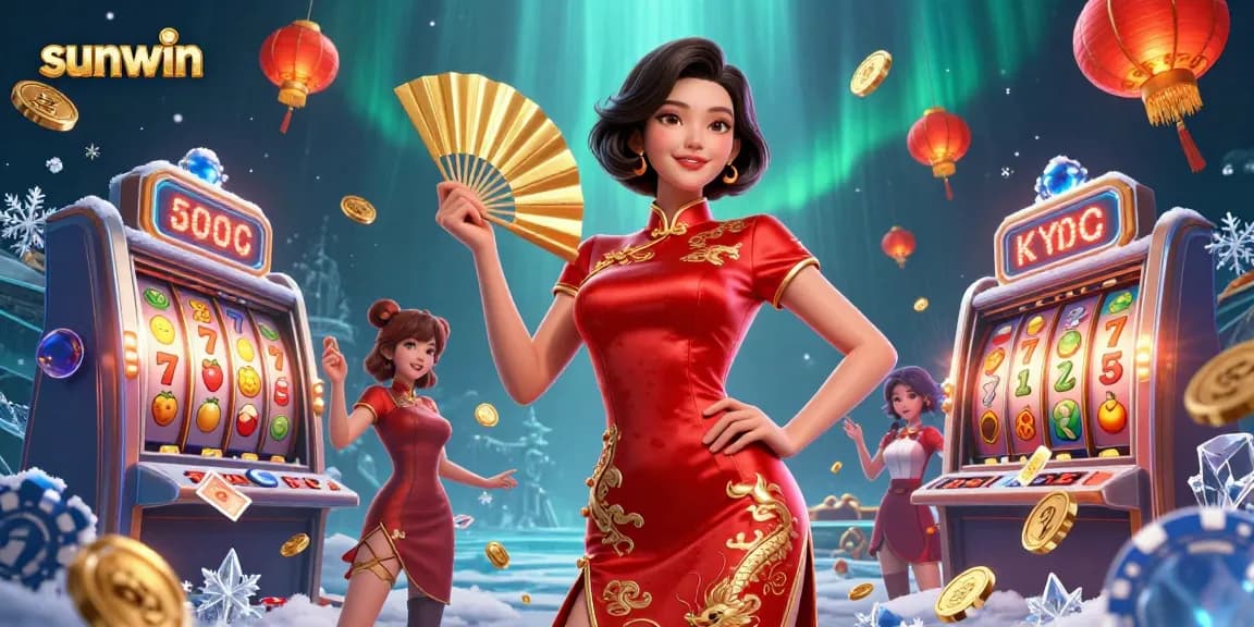 Spin to win at sunwin with a vibrant Asian gaming scene, featuring slots and golden treasures.
