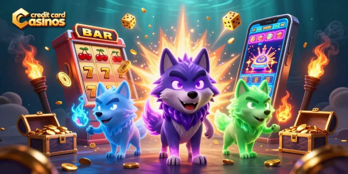Experience thrilling action at credit card casinos with a vibrant 3D illustration of slots and wolf characters.