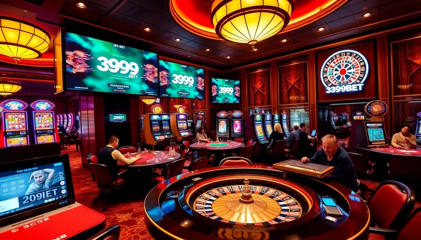 Experience thrilling online games at 399BET with vibrant casino visuals, showcasing excitement and luxury.