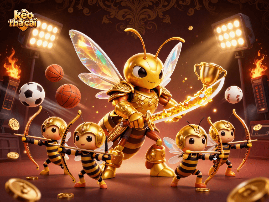 Engaging kèo nhà cái scene with a golden hornet samurai leading action-packed sports betting elements.