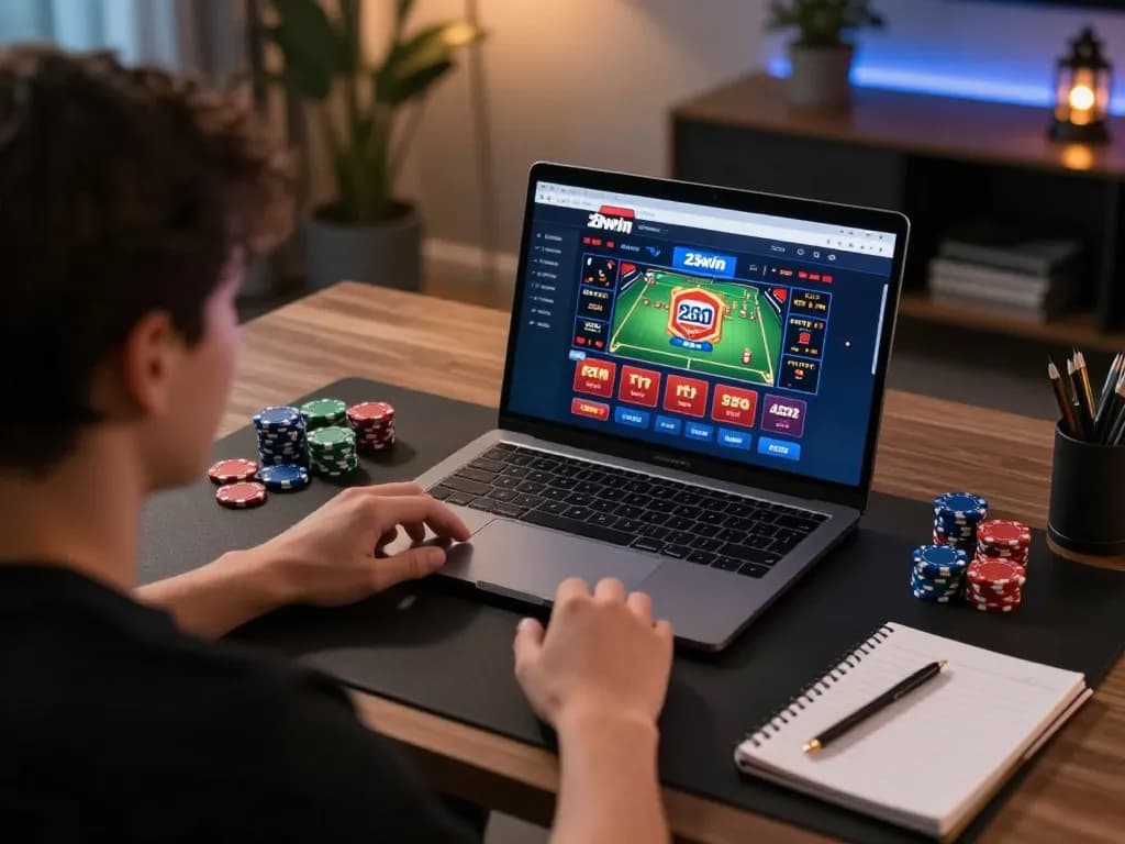 Engaging in a strategic game session on 23win's online casino platform with chips and notes.
