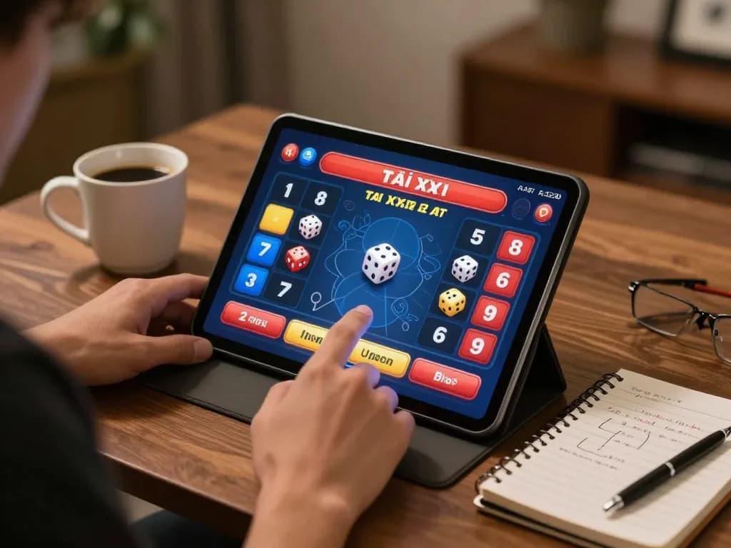 Tài xỉu online gameplay on tablet in a warm home setting with strategic notes, emphasizing responsible gaming.