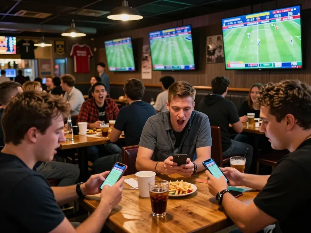 Engaged sports bettors enjoying live ฟุตบอล matches in a bustling bar atmosphere.