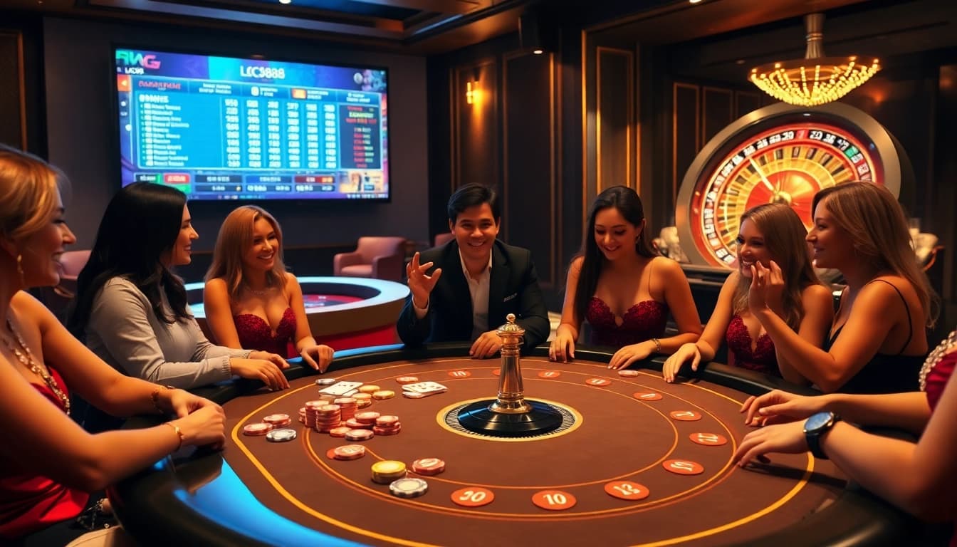 Players enjoying an exciting poker game at an LC88-themed casino table with vibrant chips.
