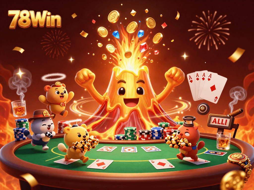 Experience the thrill of 78Win with triumphant golden volcano erupting coins, celebrating casino action.
