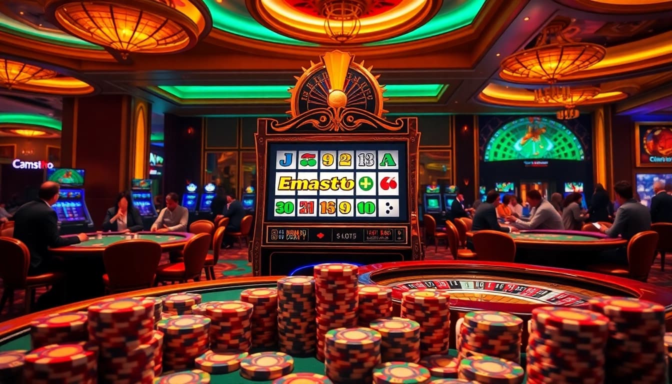Emastoto showcases winner excitement at a luxurious casino with vibrant gaming tables.