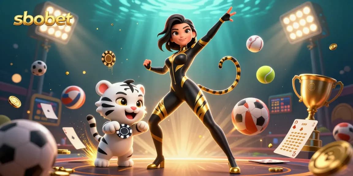 sbobet sports betting excitement embodied with a stunning woman, baby tiger, and dynamic sports elements