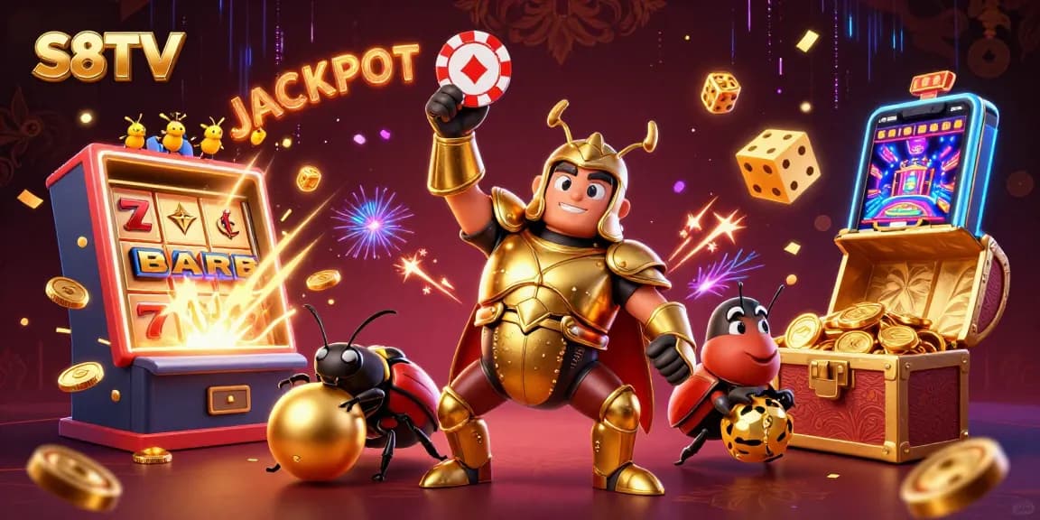 S8TV highlights a victorious beetle character celebrating a casino jackpot amidst gaming elements.